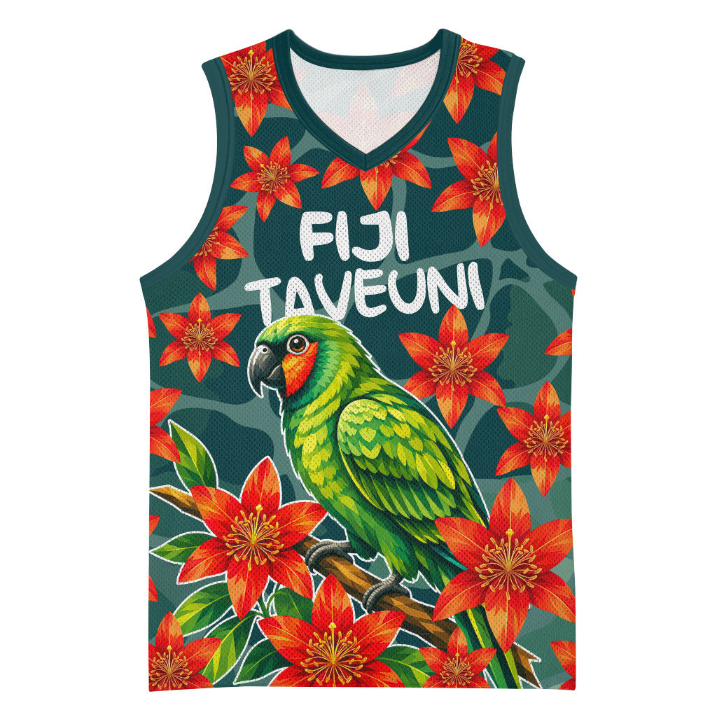 Fiji Taveuni Parrot Basketball Jersey Tropical Waterfall Landscape With Floral Tribal Pattern