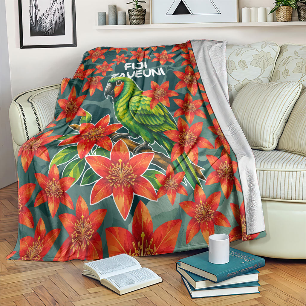 Fiji Taveuni Parrot Blanket Tropical Waterfall Landscape With Floral Tribal Pattern