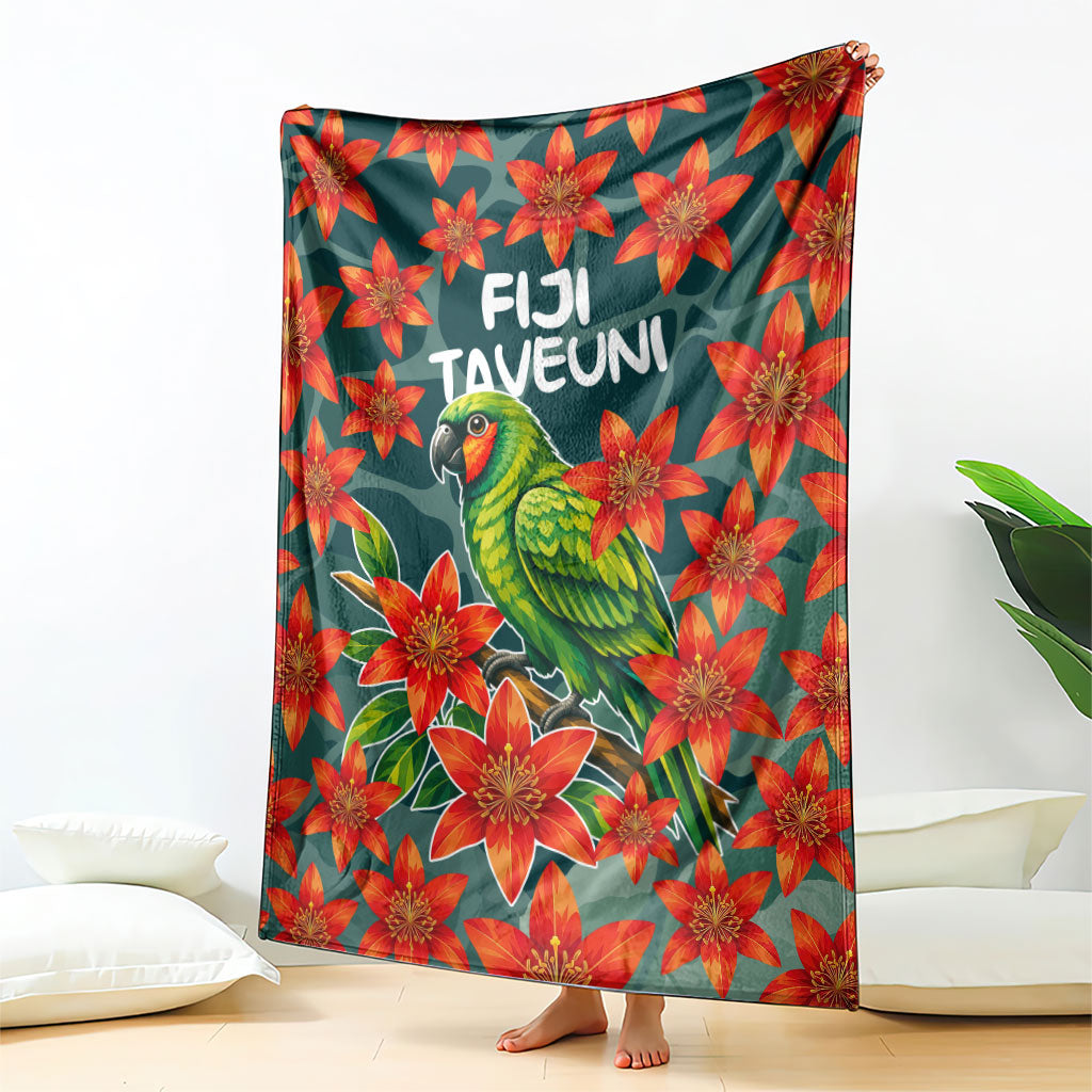 Fiji Taveuni Parrot Blanket Tropical Waterfall Landscape With Floral Tribal Pattern