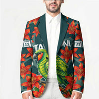 Fiji Taveuni Parrot Blazer Tropical Waterfall Landscape With Floral Tribal Pattern
