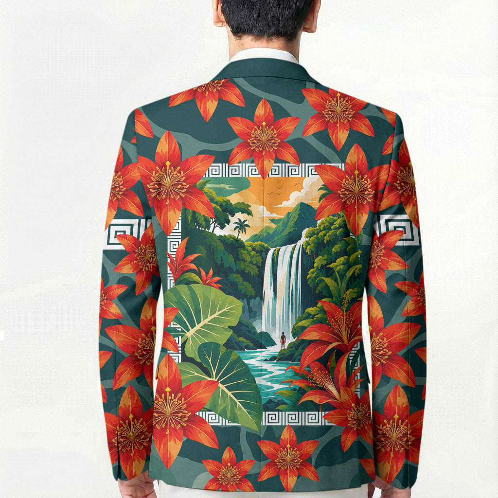 Fiji Taveuni Parrot Blazer Tropical Waterfall Landscape With Floral Tribal Pattern