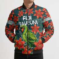 Fiji Taveuni Parrot Bomber Puffer Jacket Tropical Waterfall Landscape With Floral Tribal Pattern