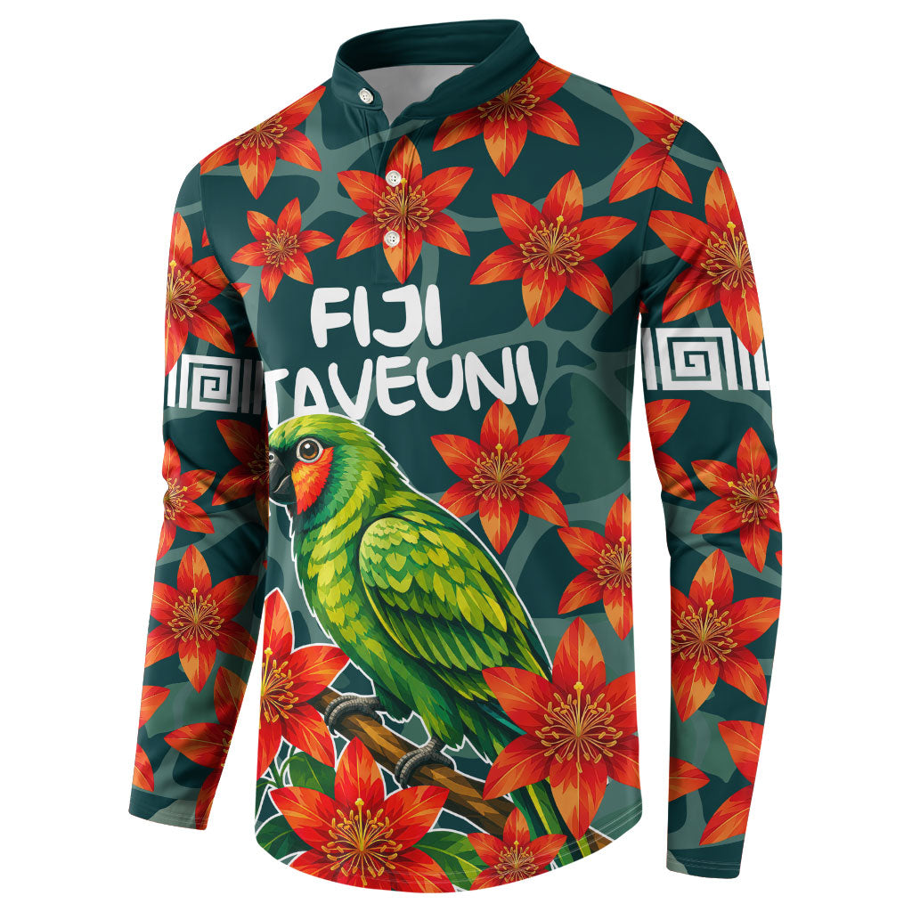 Fiji Taveuni Parrot Button Sweatshirt Tropical Waterfall Landscape With Floral Tribal Pattern