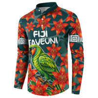 Fiji Taveuni Parrot Button Sweatshirt Tropical Waterfall Landscape With Floral Tribal Pattern