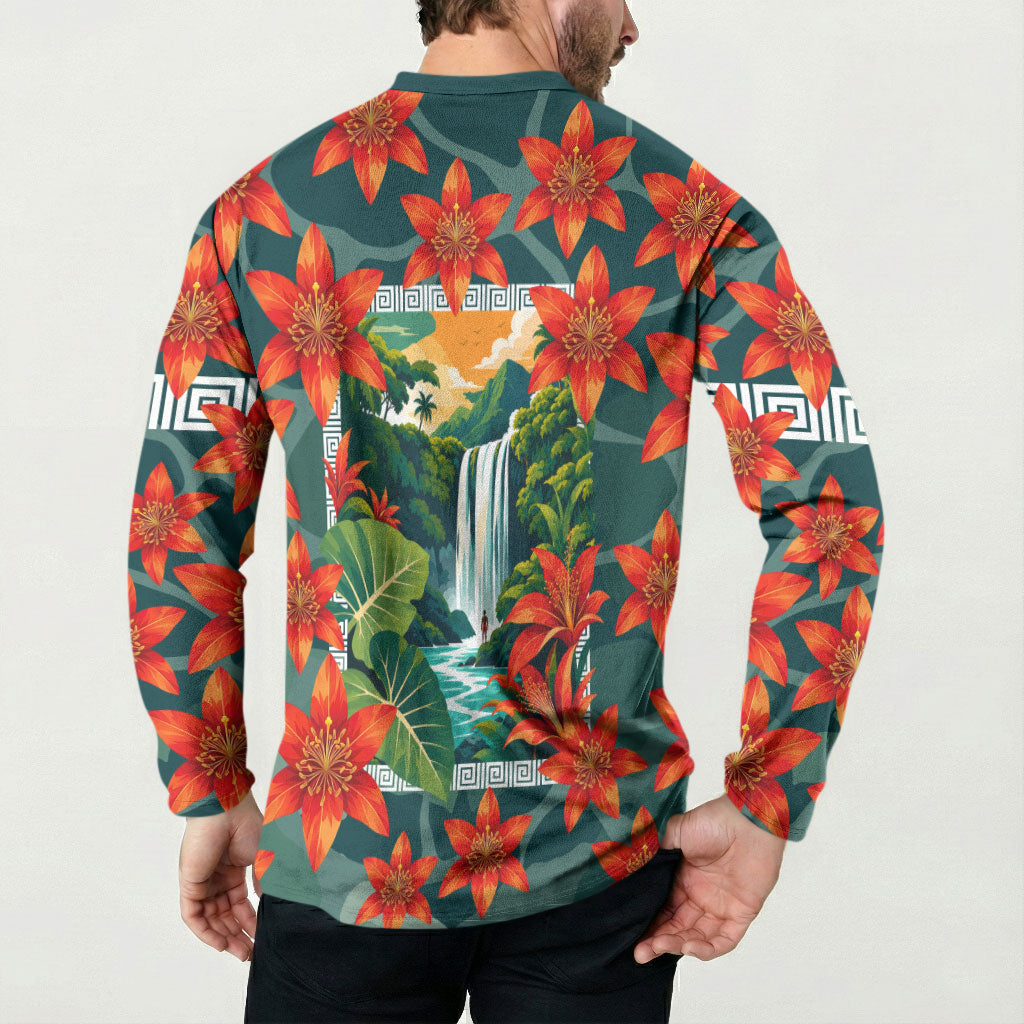 Fiji Taveuni Parrot Button Sweatshirt Tropical Waterfall Landscape With Floral Tribal Pattern