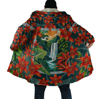 Fiji Taveuni Parrot Cloak Tropical Waterfall Landscape With Floral Tribal Pattern
