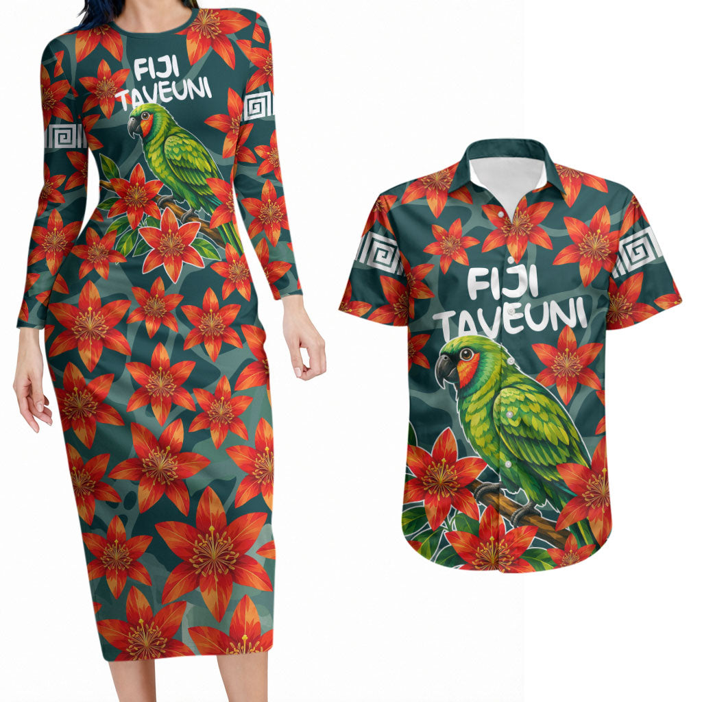 Fiji Taveuni Parrot Couples Matching Long Sleeve Bodycon Dress and Hawaiian Shirt Tropical Waterfall Landscape With Floral Tribal Pattern