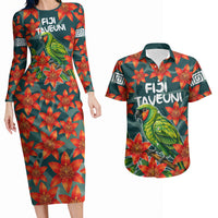 Fiji Taveuni Parrot Couples Matching Long Sleeve Bodycon Dress and Hawaiian Shirt Tropical Waterfall Landscape With Floral Tribal Pattern