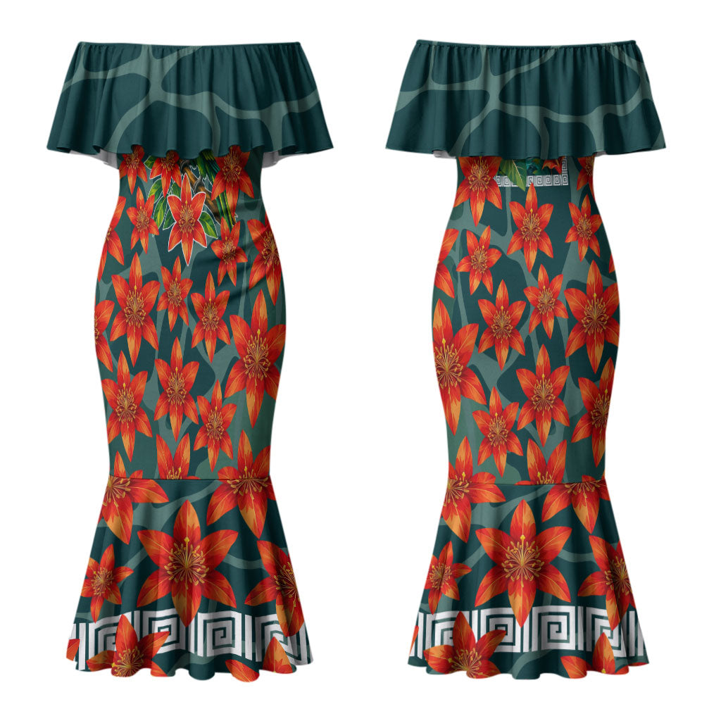Fiji Taveuni Parrot Couples Matching Mermaid Dress and Hawaiian Shirt Tropical Waterfall Landscape With Floral Tribal Pattern
