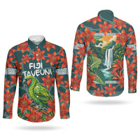 Fiji Taveuni Parrot Couples Matching Mermaid Dress and Long Sleeve Button Shirt Tropical Waterfall Landscape With Floral Tribal Pattern