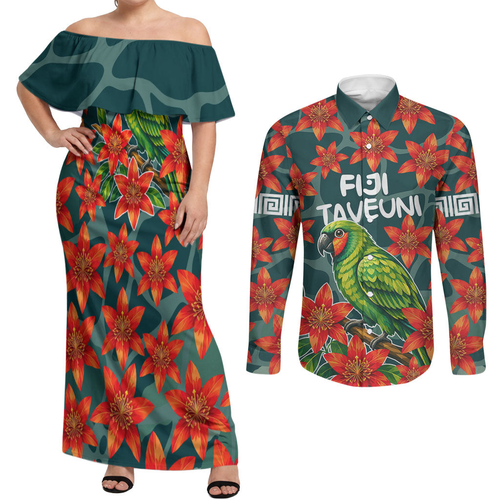 Fiji Taveuni Parrot Couples Matching Off Shoulder Maxi Dress and Long Sleeve Button Shirt Tropical Waterfall Landscape With Floral Tribal Pattern