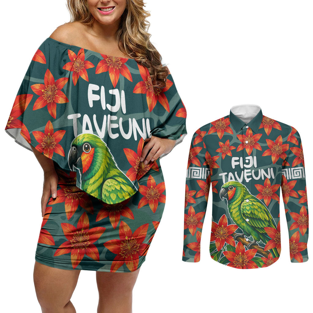 Fiji Taveuni Parrot Couples Matching Off Shoulder Short Dress and Long Sleeve Button Shirt Tropical Waterfall Landscape With Floral Tribal Pattern