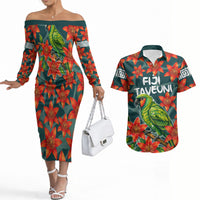 Fiji Taveuni Parrot Couples Matching Off The Shoulder Long Sleeve Dress and Hawaiian Shirt Tropical Waterfall Landscape With Floral Tribal Pattern