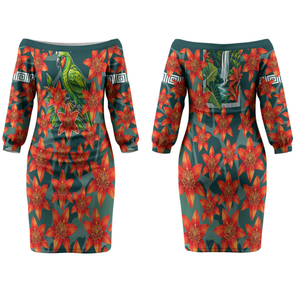 Fiji Taveuni Parrot Couples Matching Off The Shoulder Long Sleeve Dress and Hawaiian Shirt Tropical Waterfall Landscape With Floral Tribal Pattern