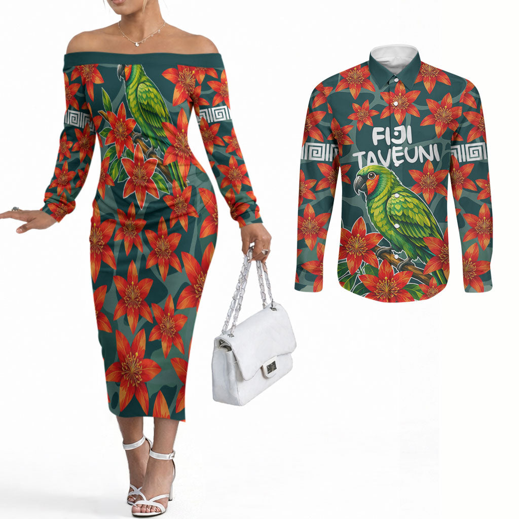 Fiji Taveuni Parrot Couples Matching Off The Shoulder Long Sleeve Dress and Long Sleeve Button Shirt Tropical Waterfall Landscape With Floral Tribal Pattern