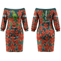 Fiji Taveuni Parrot Couples Matching Off The Shoulder Long Sleeve Dress and Long Sleeve Button Shirt Tropical Waterfall Landscape With Floral Tribal Pattern