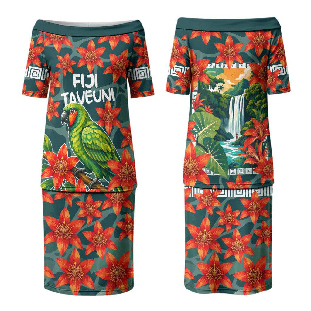 Fiji Taveuni Parrot Couples Matching Puletasi and Long Sleeve Button Shirt Tropical Waterfall Landscape With Floral Tribal Pattern
