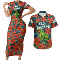 Fiji Taveuni Parrot Couples Matching Short Sleeve Bodycon Dress and Hawaiian Shirt Tropical Waterfall Landscape With Floral Tribal Pattern