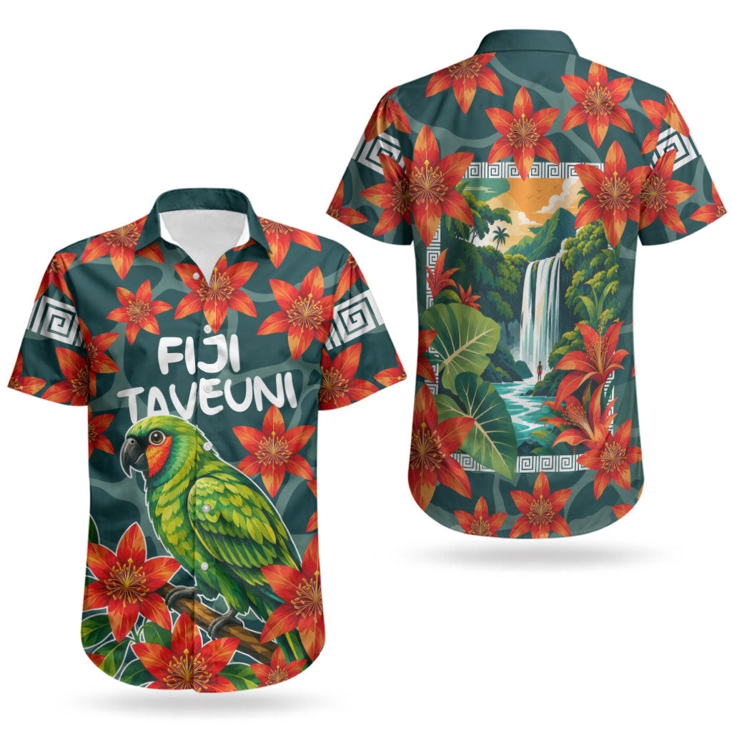 Fiji Taveuni Parrot Couples Matching Short Sleeve Bodycon Dress and Hawaiian Shirt Tropical Waterfall Landscape With Floral Tribal Pattern