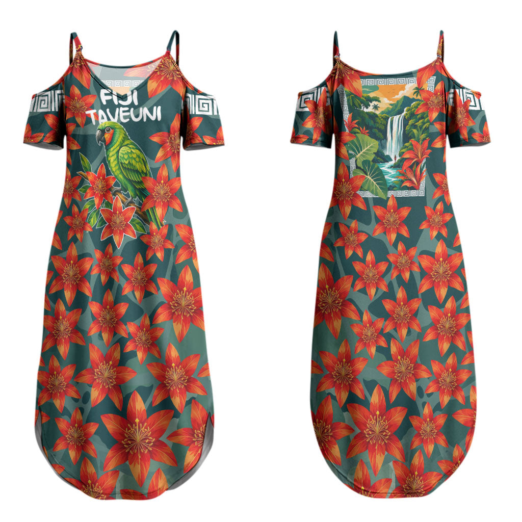 Fiji Taveuni Parrot Couples Matching Summer Maxi Dress and Hawaiian Shirt Tropical Waterfall Landscape With Floral Tribal Pattern