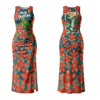 Fiji Taveuni Parrot Couples Matching Tank Maxi Dress and Hawaiian Shirt Tropical Waterfall Landscape With Floral Tribal Pattern
