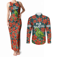 Fiji Taveuni Parrot Couples Matching Tank Maxi Dress and Long Sleeve Button Shirt Tropical Waterfall Landscape With Floral Tribal Pattern