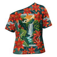 Fiji Taveuni Parrot Cross Shoulder Shirt Tropical Waterfall Landscape With Floral Tribal Pattern