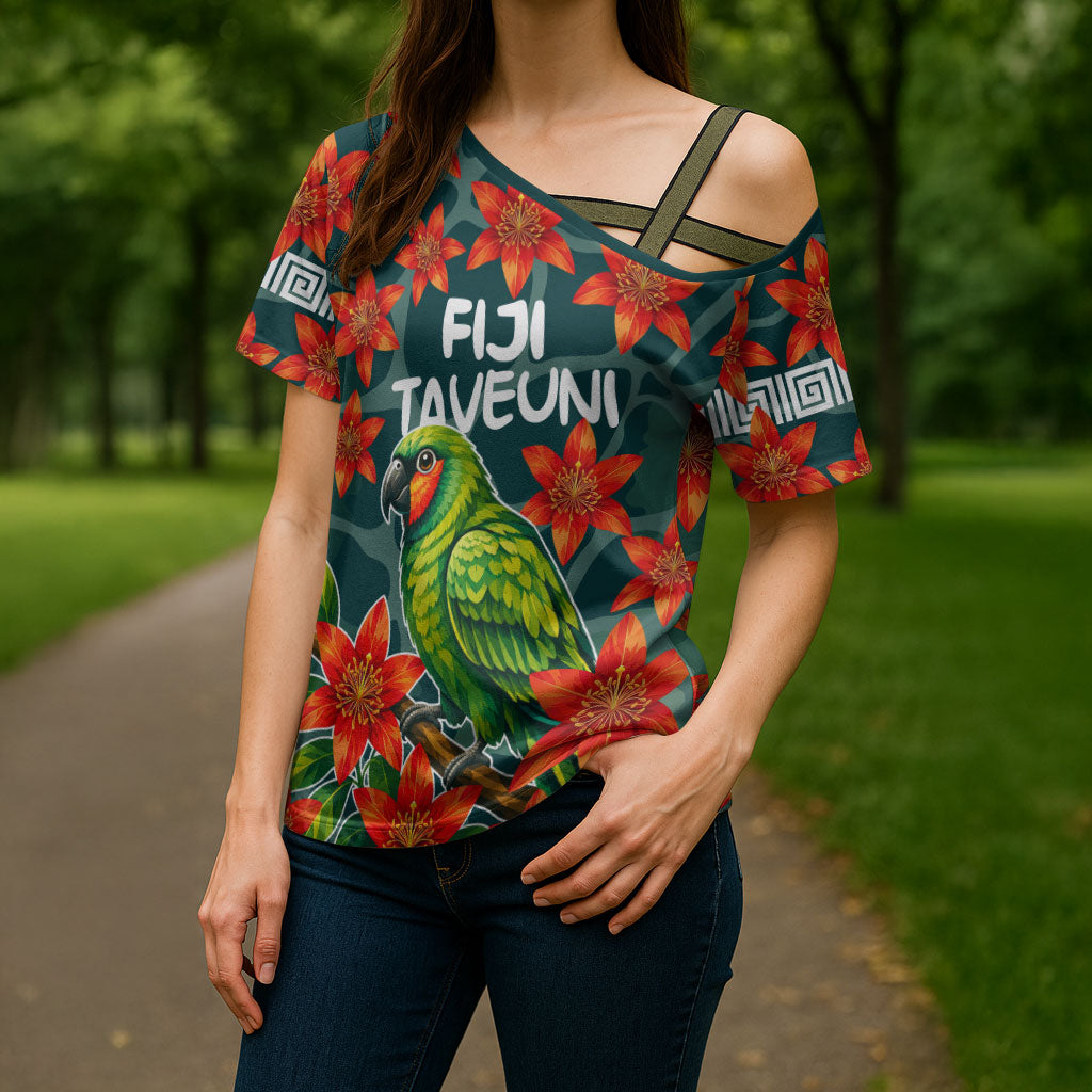 Fiji Taveuni Parrot Cross Shoulder Shirt Tropical Waterfall Landscape With Floral Tribal Pattern