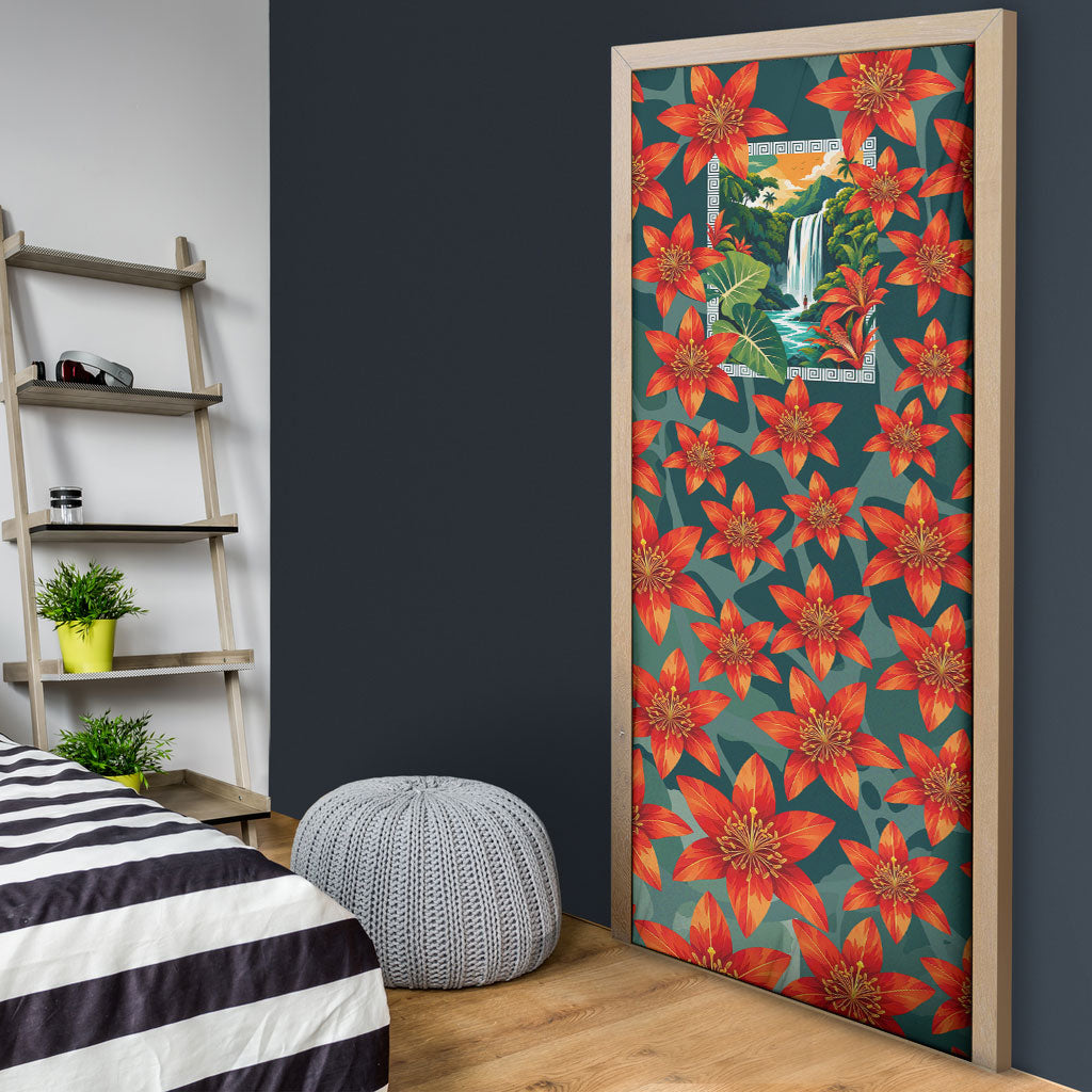 Fiji Taveuni Parrot Door Cover Tropical Waterfall Landscape With Floral Tribal Pattern