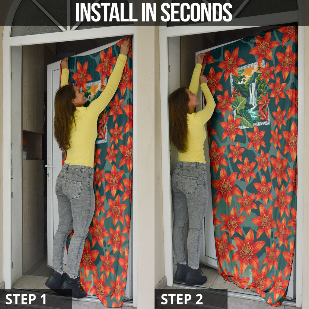 Fiji Taveuni Parrot Door Cover Tropical Waterfall Landscape With Floral Tribal Pattern
