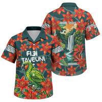 Fiji Taveuni Parrot Family Matching Long Sleeve Bodycon Dress and Hawaiian Shirt Tropical Waterfall Landscape With Floral Tribal Pattern