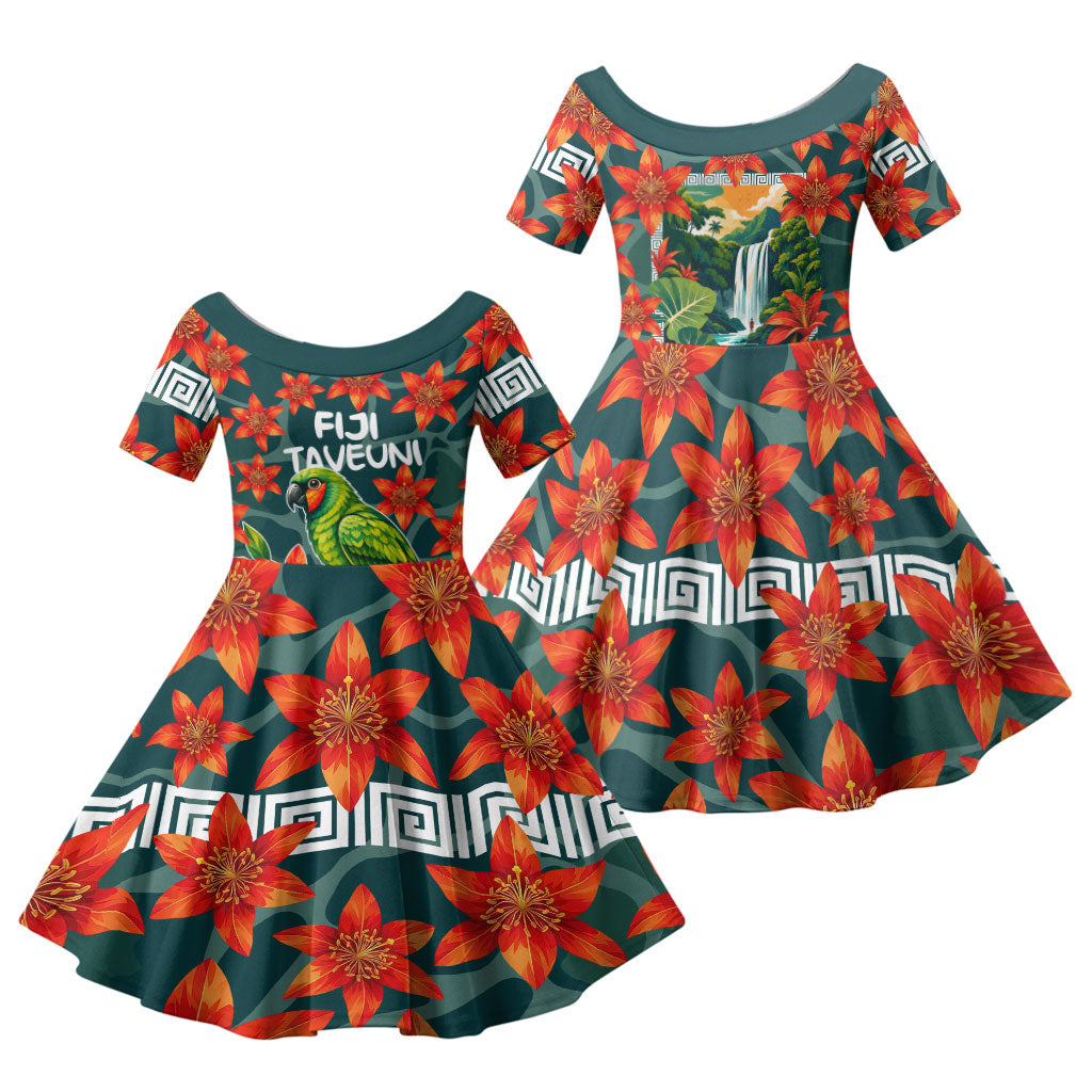 Fiji Taveuni Parrot Family Matching Mermaid Dress and Hawaiian Shirt Tropical Waterfall Landscape With Floral Tribal Pattern