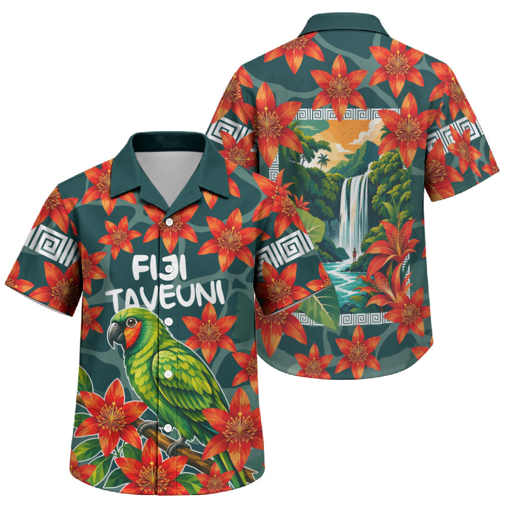Fiji Taveuni Parrot Family Matching Mermaid Dress and Hawaiian Shirt Tropical Waterfall Landscape With Floral Tribal Pattern