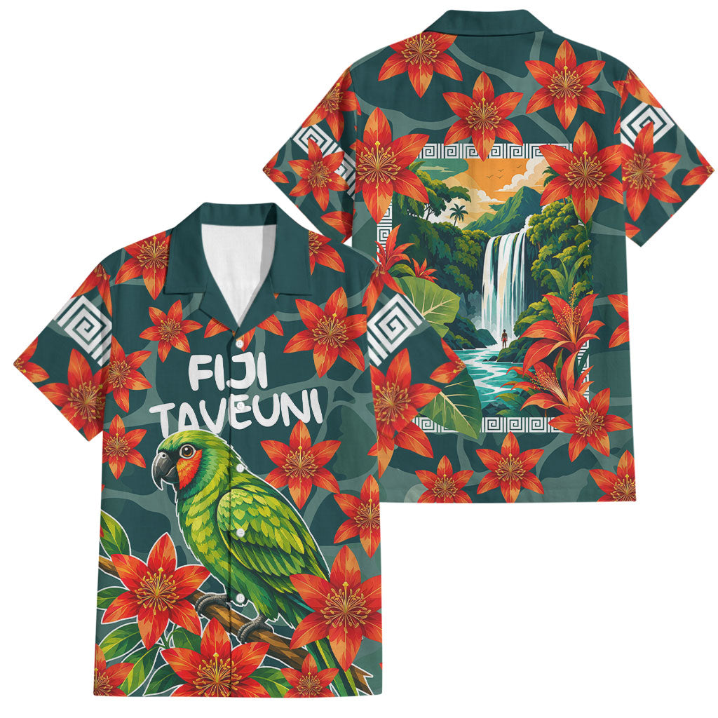 Fiji Taveuni Parrot Family Matching Off The Shoulder Long Sleeve Dress and Hawaiian Shirt Tropical Waterfall Landscape With Floral Tribal Pattern