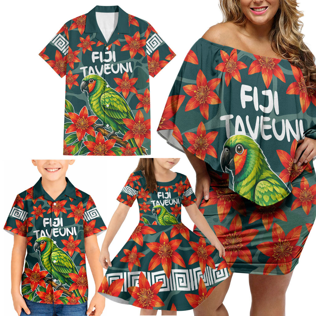Fiji Taveuni Parrot Family Matching Off Shoulder Short Dress and Hawaiian Shirt Tropical Waterfall Landscape With Floral Tribal Pattern