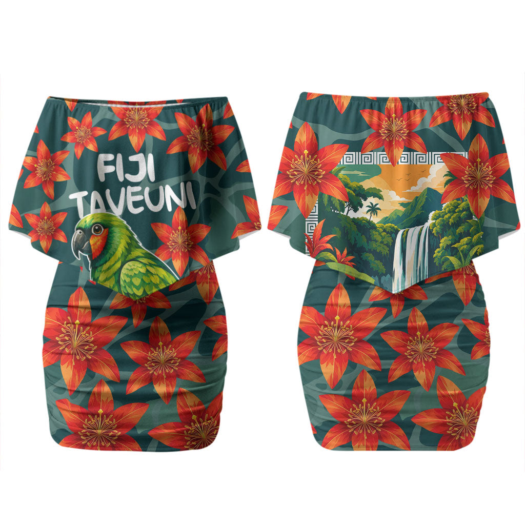 Fiji Taveuni Parrot Family Matching Off Shoulder Short Dress and Hawaiian Shirt Tropical Waterfall Landscape With Floral Tribal Pattern
