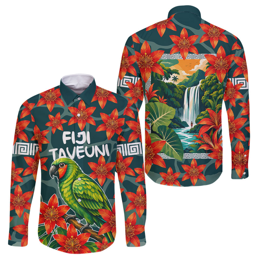 Fiji Taveuni Parrot Family Matching Off Shoulder Short Dress and Hawaiian Shirt Tropical Waterfall Landscape With Floral Tribal Pattern