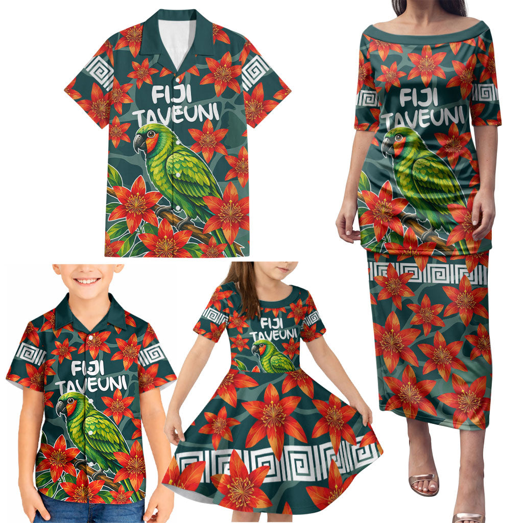 Fiji Taveuni Parrot Family Matching Puletasi and Hawaiian Shirt Tropical Waterfall Landscape With Floral Tribal Pattern