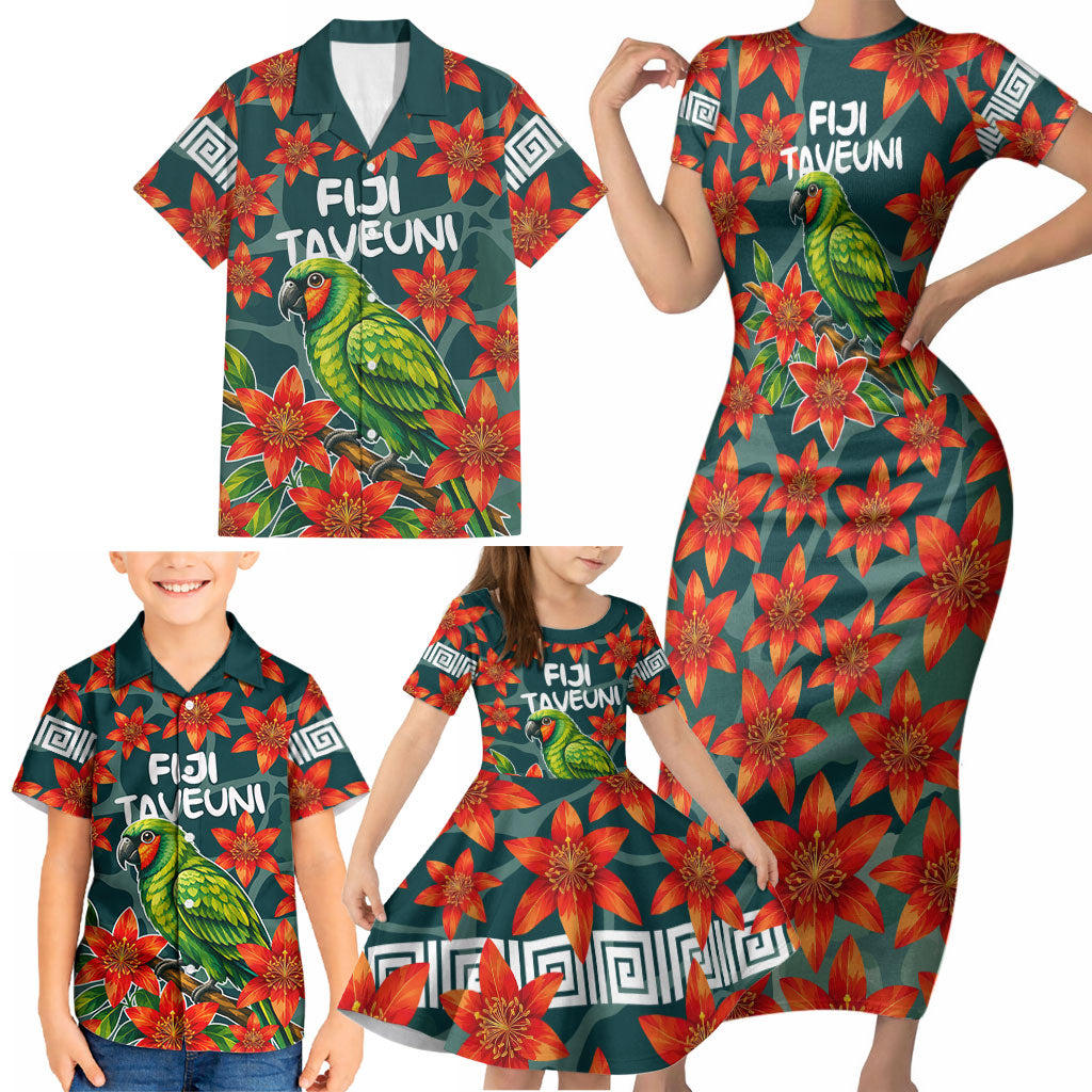 Fiji Taveuni Parrot Family Matching Short Sleeve Bodycon Dress and Hawaiian Shirt Tropical Waterfall Landscape With Floral Tribal Pattern