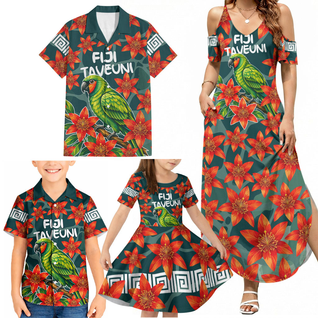 Fiji Taveuni Parrot Family Matching Summer Maxi Dress and Hawaiian Shirt Tropical Waterfall Landscape With Floral Tribal Pattern