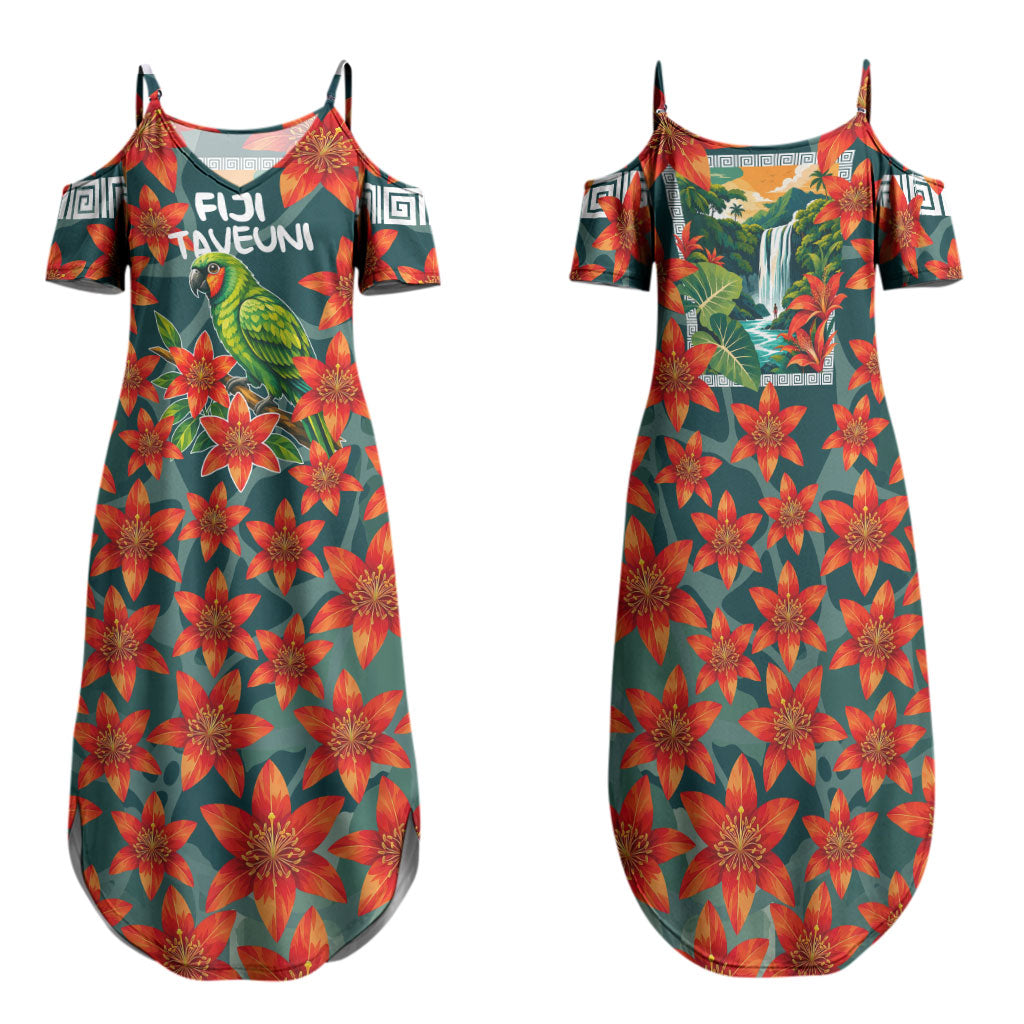 Fiji Taveuni Parrot Family Matching Summer Maxi Dress and Hawaiian Shirt Tropical Waterfall Landscape With Floral Tribal Pattern
