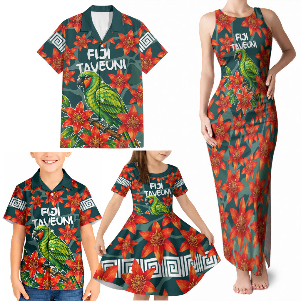 Fiji Taveuni Parrot Family Matching Tank Maxi Dress and Hawaiian Shirt Tropical Waterfall Landscape With Floral Tribal Pattern TS04 - Polynesian Pride