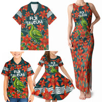 Fiji Taveuni Parrot Family Matching Tank Maxi Dress and Hawaiian Shirt Tropical Waterfall Landscape With Floral Tribal Pattern