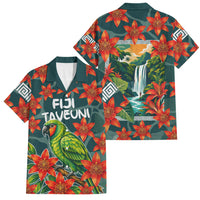 Fiji Taveuni Parrot Family Matching Tank Maxi Dress and Hawaiian Shirt Tropical Waterfall Landscape With Floral Tribal Pattern
