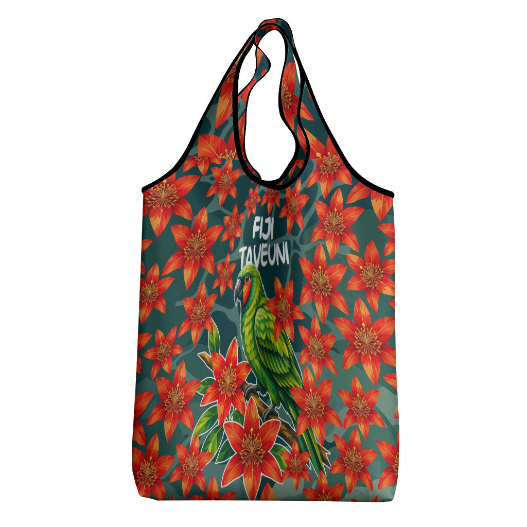 Fiji Taveuni Parrot Grocery Bag Tropical Waterfall Landscape With Floral Tribal Pattern