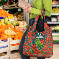 Fiji Taveuni Parrot Grocery Bag Tropical Waterfall Landscape With Floral Tribal Pattern