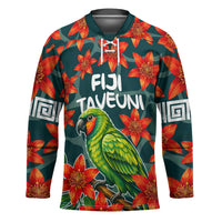 Fiji Taveuni Parrot Hockey Jersey Tropical Waterfall Landscape With Floral Tribal Pattern