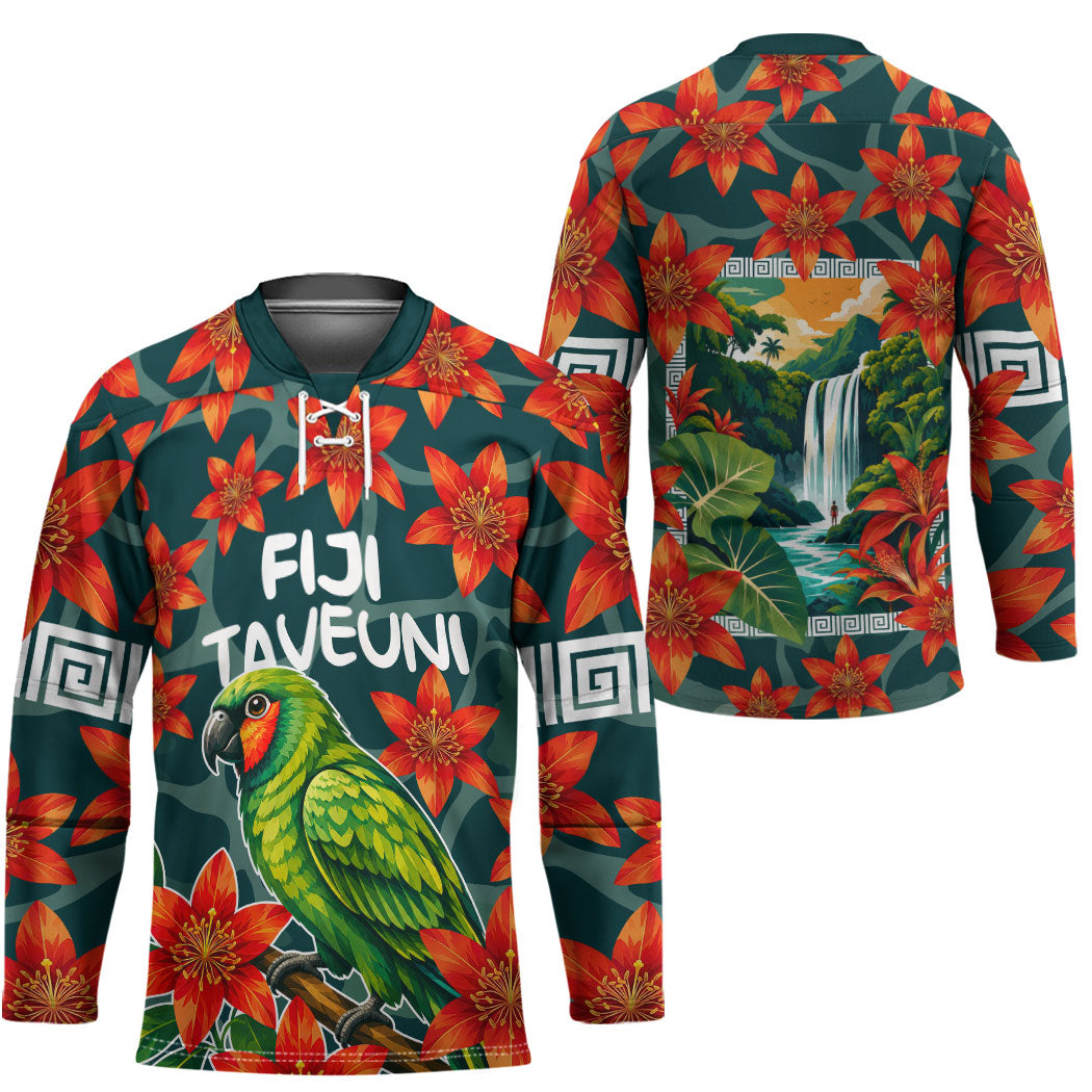 Fiji Taveuni Parrot Hockey Jersey Tropical Waterfall Landscape With Floral Tribal Pattern
