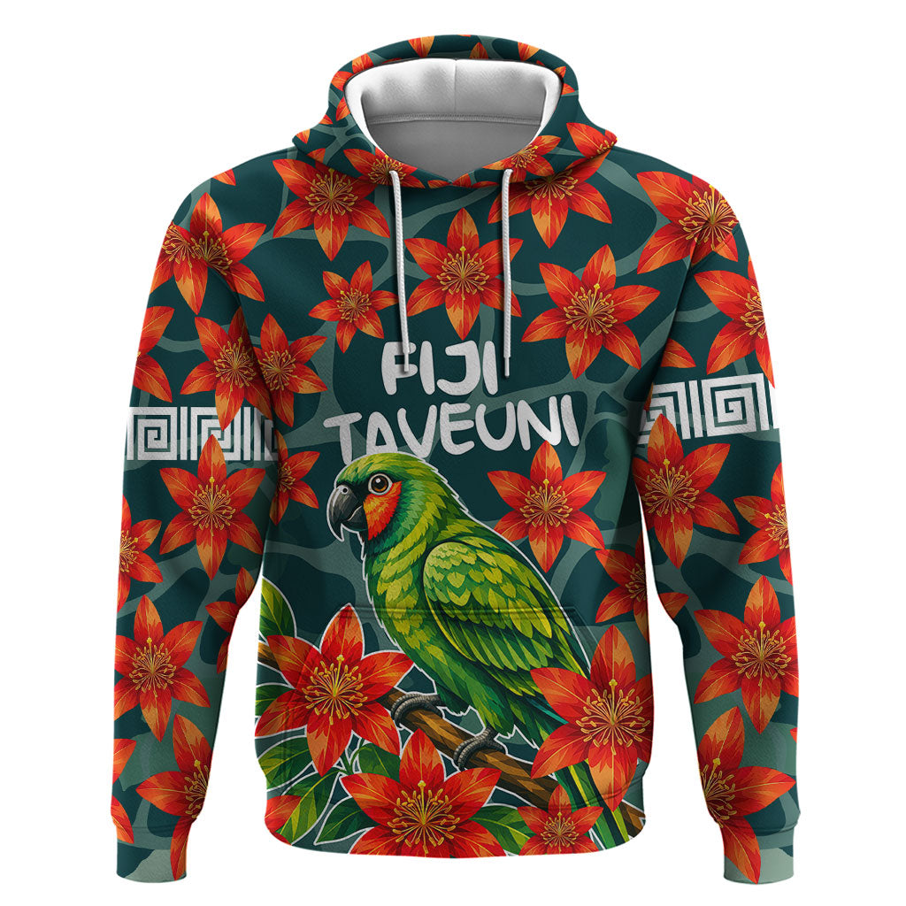 Fiji Taveuni Parrot Hoodie Tropical Waterfall Landscape With Floral Tribal Pattern