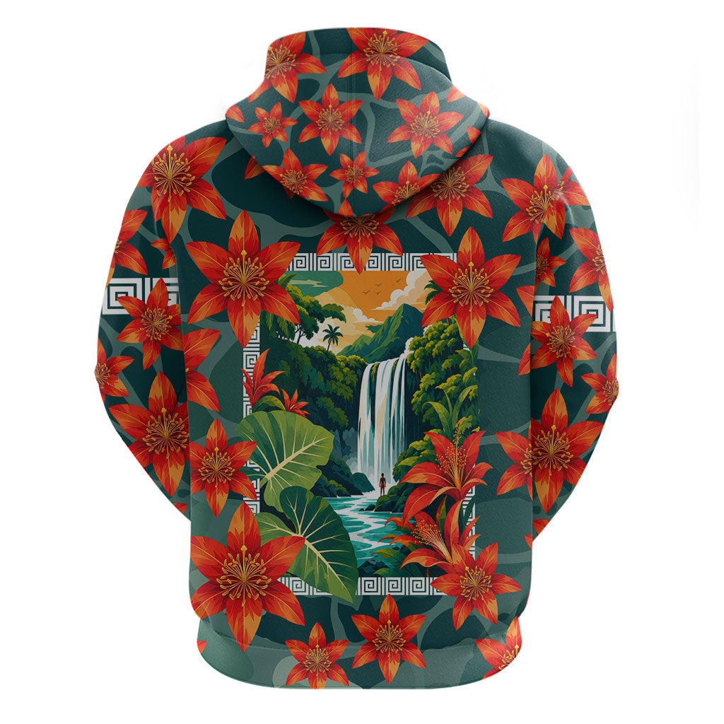 Fiji Taveuni Parrot Hoodie Tropical Waterfall Landscape With Floral Tribal Pattern